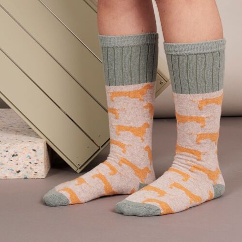 Women's Lambswool Boot Socks - sausage dog - oatmeal