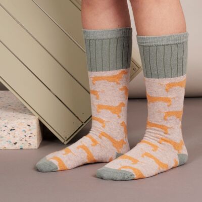 Damen-Stiefelsocken aus Lammwolle – Dackel – Haferflocken