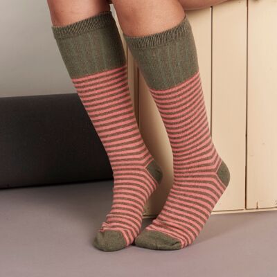 Women's Lambswool Boot Socks - stripe - pink/mushroom