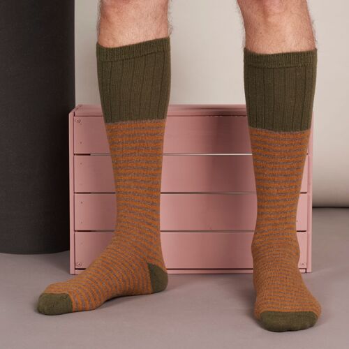 Men's Lambswool Boot Socks - Stripe - Mustard