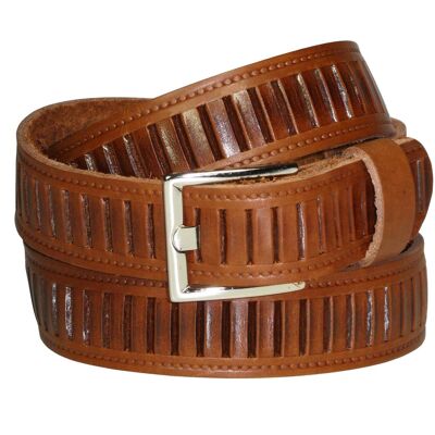 Cintura Pierre Mouton con fessura in pelle di grana marrone, 120 cm