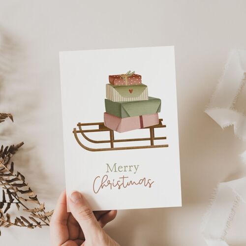 Weihnachtskarte Schlitten Geschenke - Postkarte Weihnachten Weihnachtsschlitten
