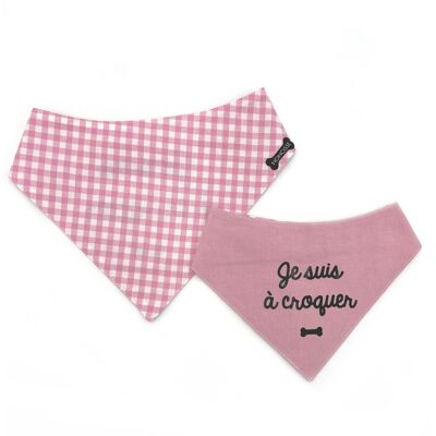 Bandana réversible "Je suis à croquer" vichy rose pour chien et chat