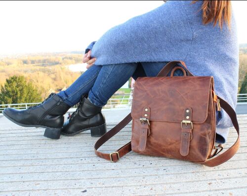 Sac à dos convertible en cuir naturel souple grainé - GOVIND VINTAGE