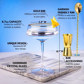 Lot de 4 verres coupés de luxe avec jantes dorées et accessoires de bar 8