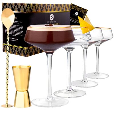 Set mit 4 Luxus-Coupé-Gläsern mit Goldrand und Barzubehör