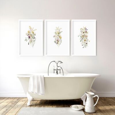 Blumendrucke für die Badezimmerdekoration | Set mit 3 Wandkunstdrucken