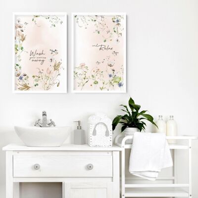 Blumenwandbilder für Badezimmer | Set mit 2 Kunstdrucken