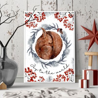 Squirrel wall art print for Folk Christmas Decor
