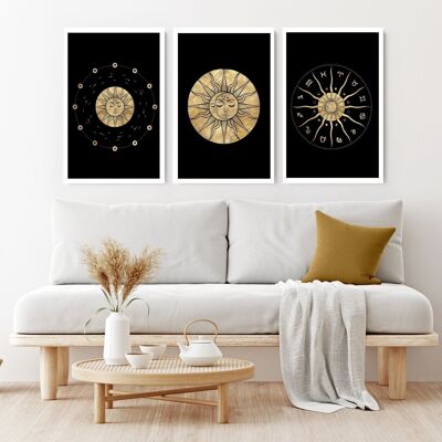 Wandkunst aus Metall mit Sonne und Mond | Set mit 3 Wandkunstdrucken