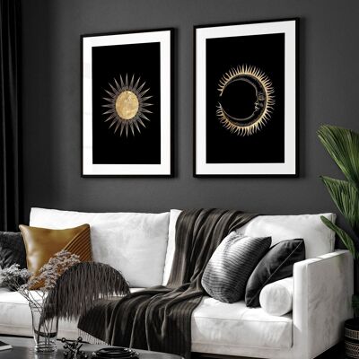 Sonne und Mond Wandkunst | Set mit 2 Wandkunstdrucken