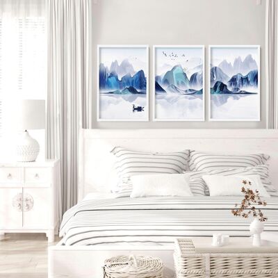 Blaugrüne japanische Wanddekoration für Schlafzimmer | Set mit 3 Wandkunstdrucken