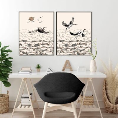 Art de la grue japonaise traditionnelle | lot de 2 impressions murales