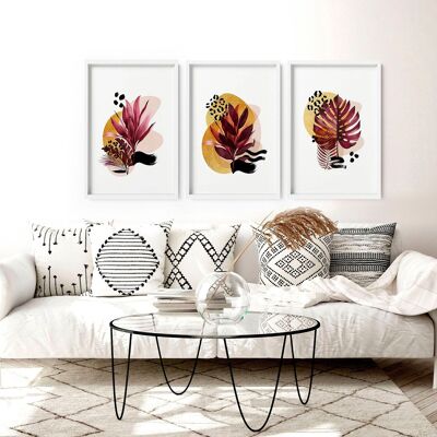 Tropisches Wohnzimmerdekor | Set mit 3 Wandkunstdrucken