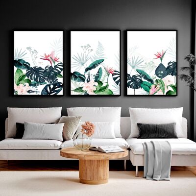 Decoración tropical de la sala de estar | juego de 3 láminas de arte de pared