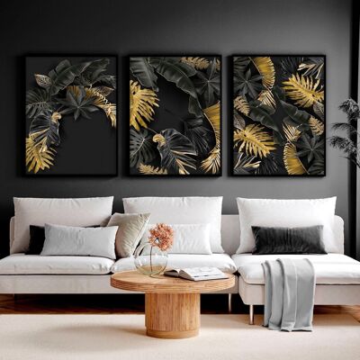 Goldene tropische Wandkunst | Set mit 3 Wandkunstdrucken für das Wohnzimmer