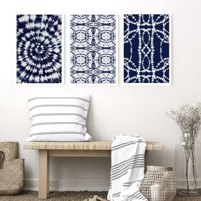 Teñido anudado índigo Shibori | Juego de 3 impresiones de arte de pared.