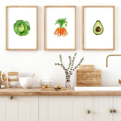 Impression de légumes pour mur de cuisine | Lot de 3 tableaux muraux