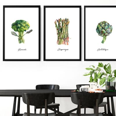 Stampe di arte murale di verdure per cucina | set di 3 stampe artistiche da parete