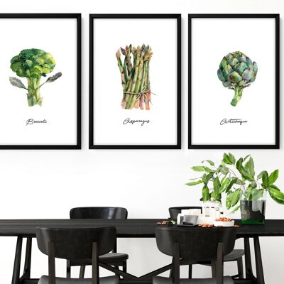 Stampe di arte murale di verdure per cucina | set di 3 stampe artistiche da parete