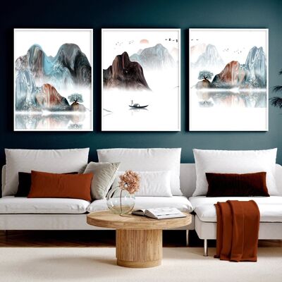 Japandi interior design | set di 3 stampe artistiche da parete per soggiorno