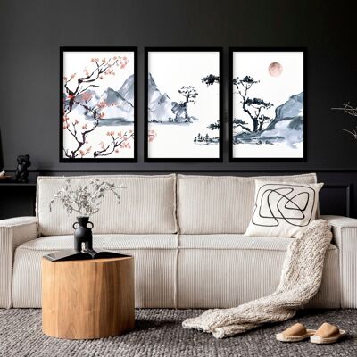 Japandi Wohnzimmer Dekor | Set mit 3 Wandkunstdrucken