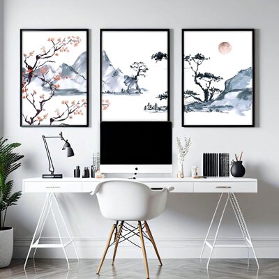 Arte giapponese dei fiori di ciliegio | set di 3 stampe artistiche da parete