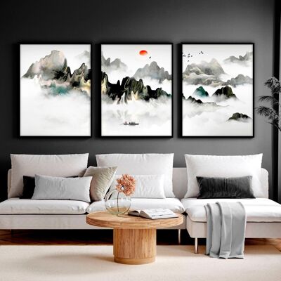 Japanische zeitgenössische Wandkunst | Set mit 3 Wandkunstdrucken