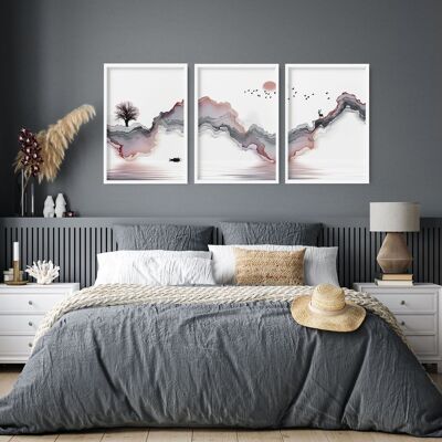 Zen-Schlafzimmerdekor | Set mit 3 Wandkunstdrucken