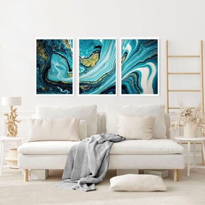 Abstraktes Marmor-Blaugrün-Gemälde | Set mit 3 Wandkunstdrucken