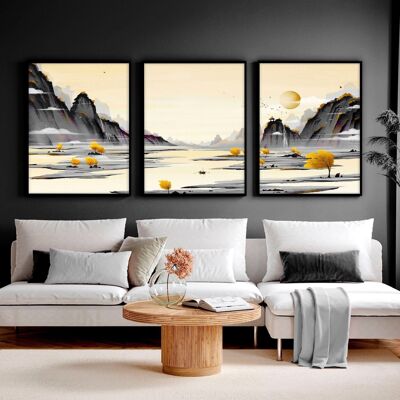 Art de la peinture de paysage japonais | lot de 3 impressions murales