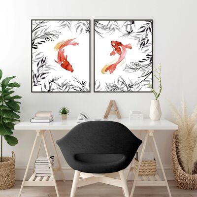 Koi fish Japanese art for office | set of 2 wall art prints