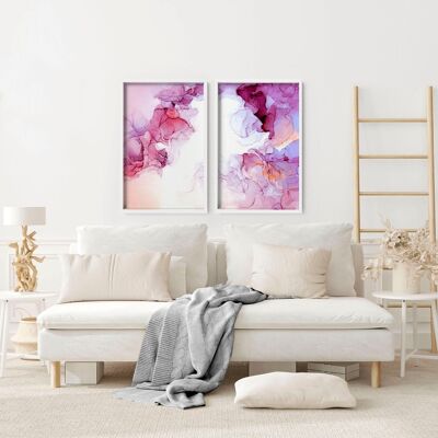 Arte de pared abstracto magenta para sala de estar | juego de 2 láminas de arte de pared