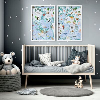 Mappa del mondo decorazione murale | set di 2 stampe artistiche da parete