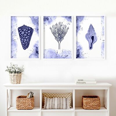 Sala de estar moderna con tema de playa | Juego de 3 impresiones de arte de pared.