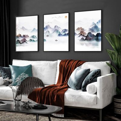 Asiatisch inspiriertes Wohnzimmer | Set mit 3 Wandkunstdrucken