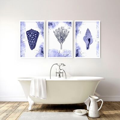 Badezimmerdekor blau | Set mit 3 Wandkunstdrucken