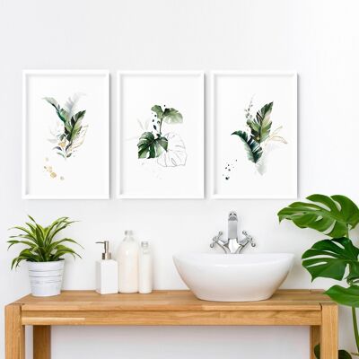 Modernes tropisches Dekor für Badezimmer | Set mit 3 Wandkunstdrucken