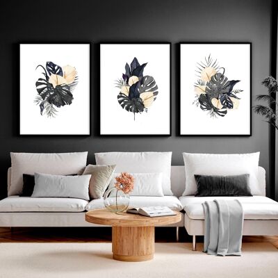 Modern tropical living room decor | set of 3 wall art prints