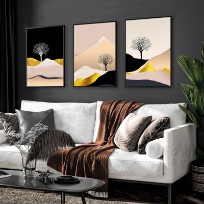 Opere d'arte moderna nordica per soggiorno | set di 3 stampe artistiche da parete