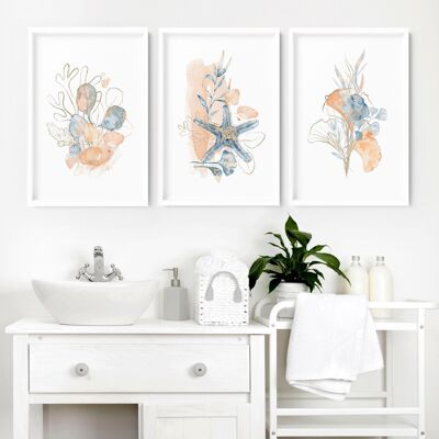 Bathroom decor coastal | set of 3 wall art prints