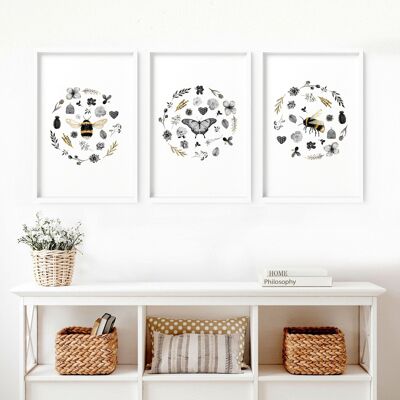 Bee wall art prints | set of 3 wall art prints for Entryway