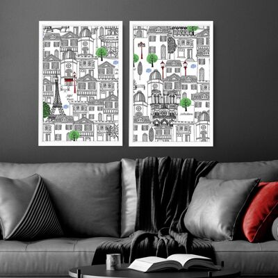 Schwarz-weiße Pariser Wandkunst Reiseposter | Set mit 2 Wandkunstdrucken