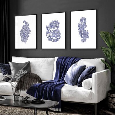 Blaues Boho-Wohnzimmerdekor im böhmischen Stil | Set mit 3 Wandkunstdrucken