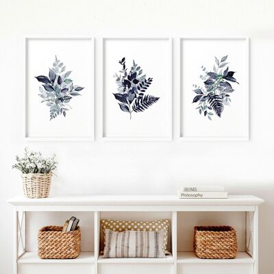 Blaue botanische Kunstdrucke | Set mit 3 Wandkunstdrucken