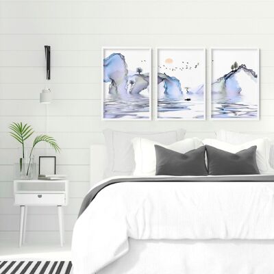 Decoración de pared Japandi azul | juego de 3 láminas de arte de pared