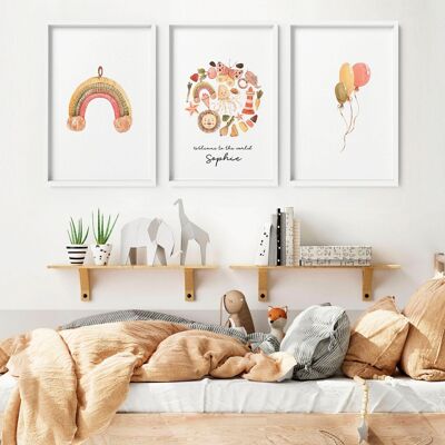 Boho Kinderzimmer Wanddekoration | Set mit 3 Wandkunstdrucken