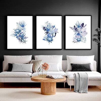 Botanische Kunstdrucke blau | Set mit 3 Wandkunstdrucken