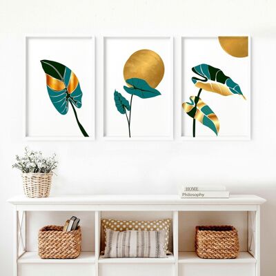 Sala de estar con decoración bohemia botánica | juego de 3 láminas de arte de pared
