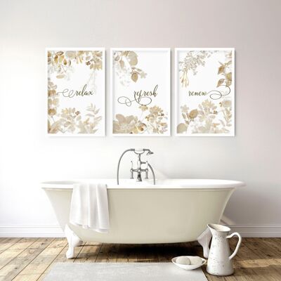 Gravures botaniques de salle de bains dorées encadrées | Lot de 3 tableaux muraux